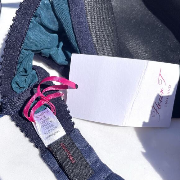 Fleur T England Padded Plunge Silk Bra 36D Peacock Blue Underwire - Picture 5 of 5